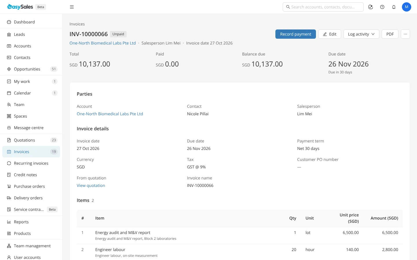 An invoice page: the invoice number and status at the top, the action buttons on the right, the totals, and the parties and details below.