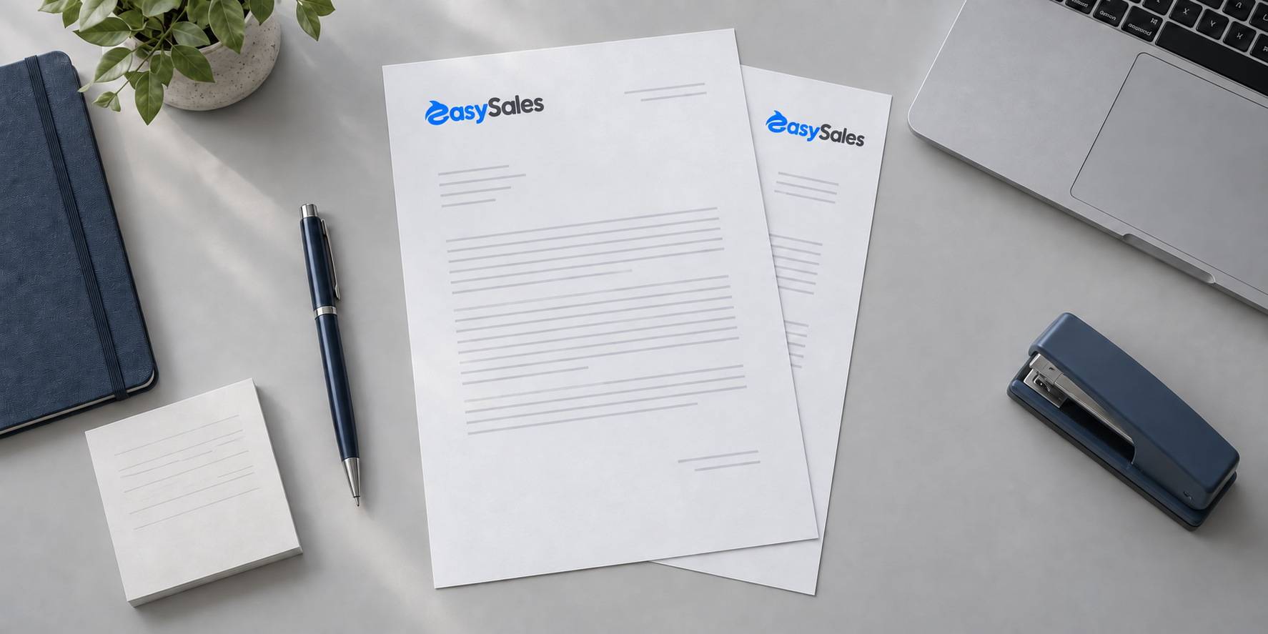 Kepala surat dan alat tulis berjenama easySales di atas meja