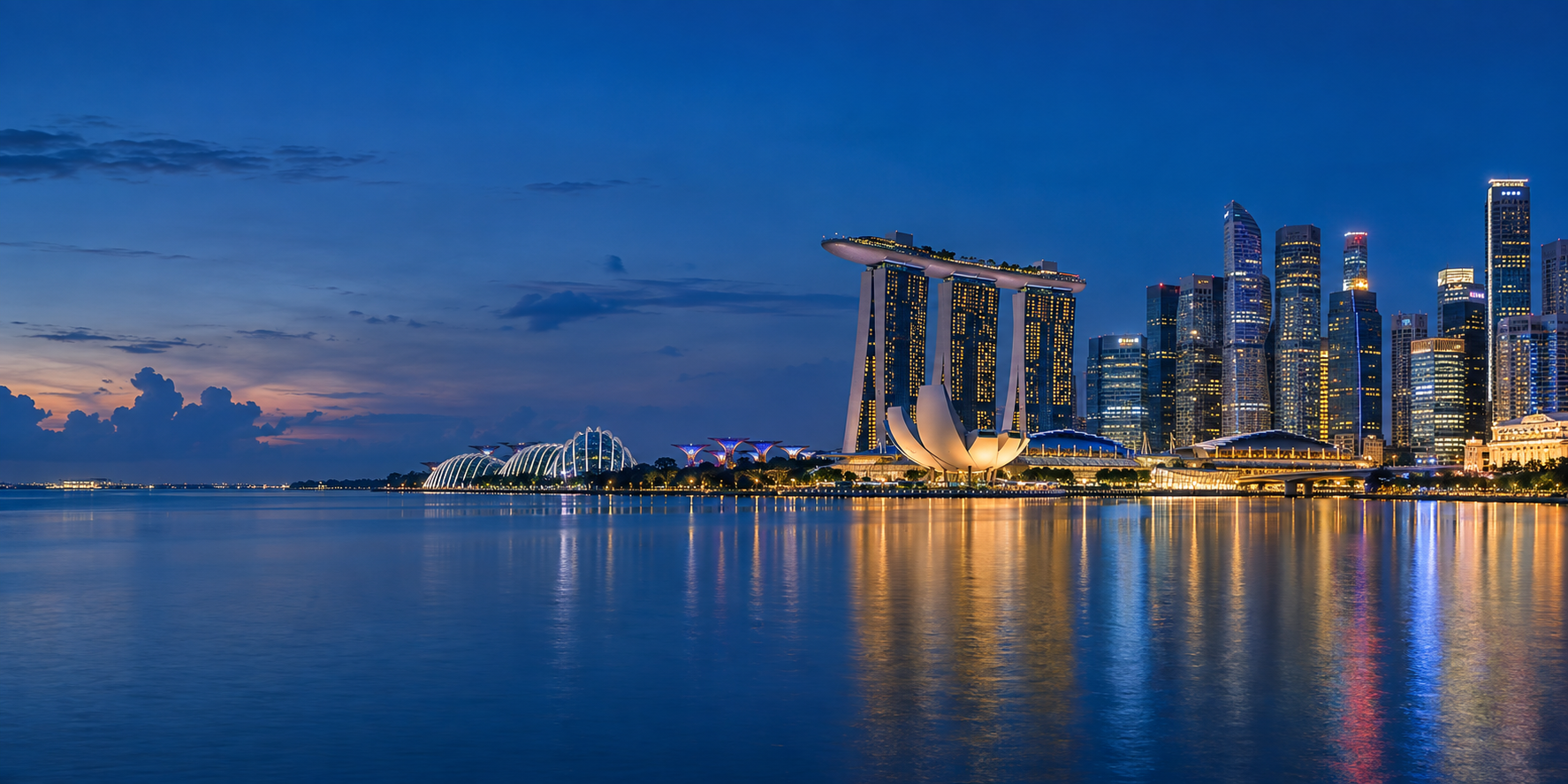 Ilustrasi janaan AI: latar langit Marina Bay, Singapura, ketika senja
