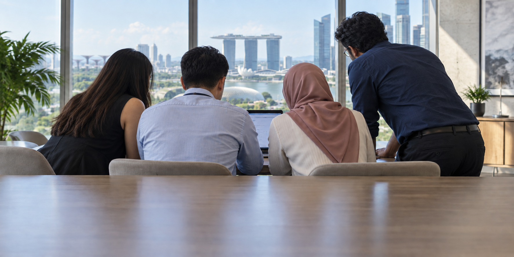 Pasukan Singapura yang pelbagai bekerjasama di pejabat yang menghadap Marina Bay